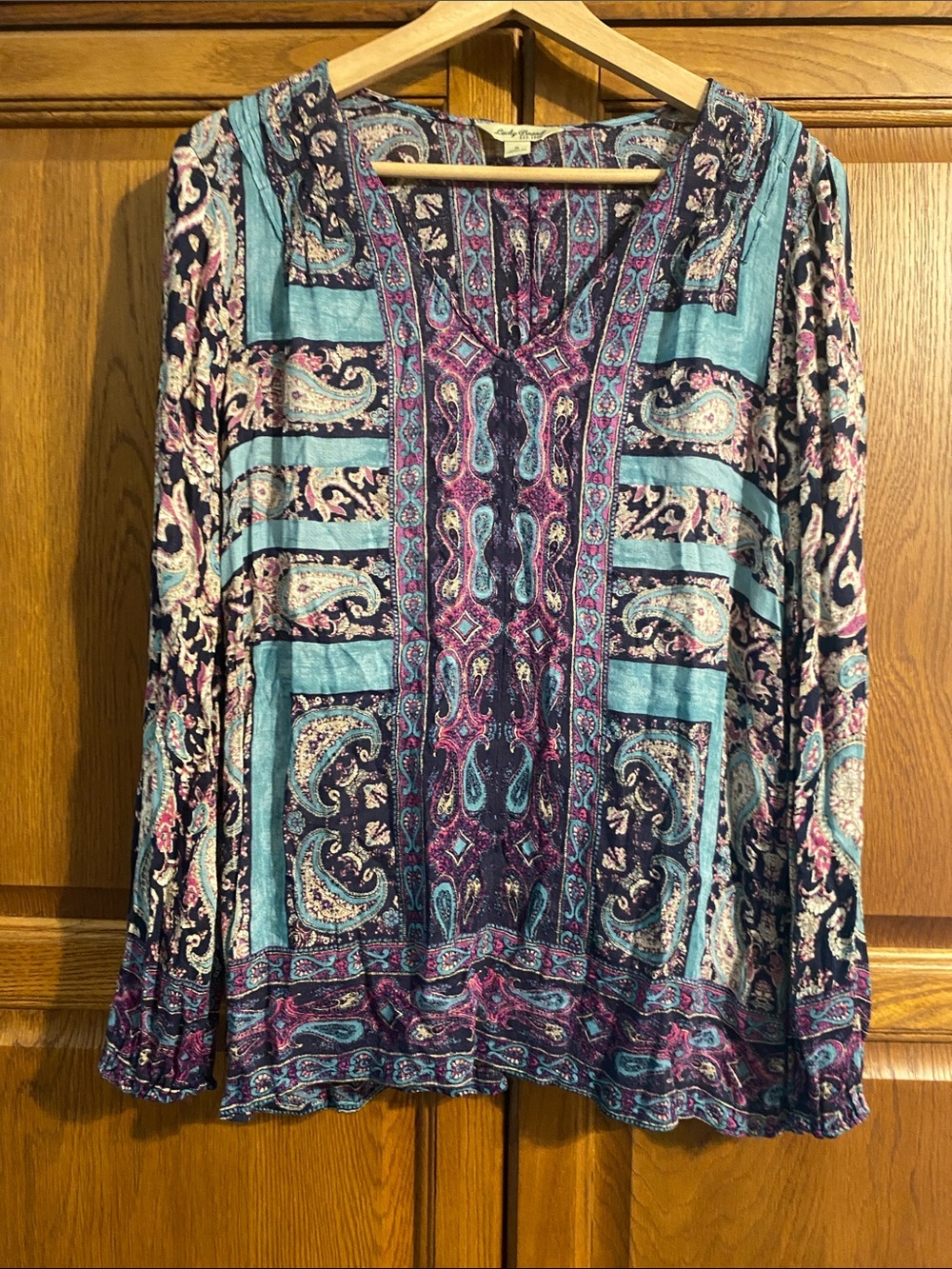 Lucky Brand Teal Navy Purple Paisley Peasant Blouse